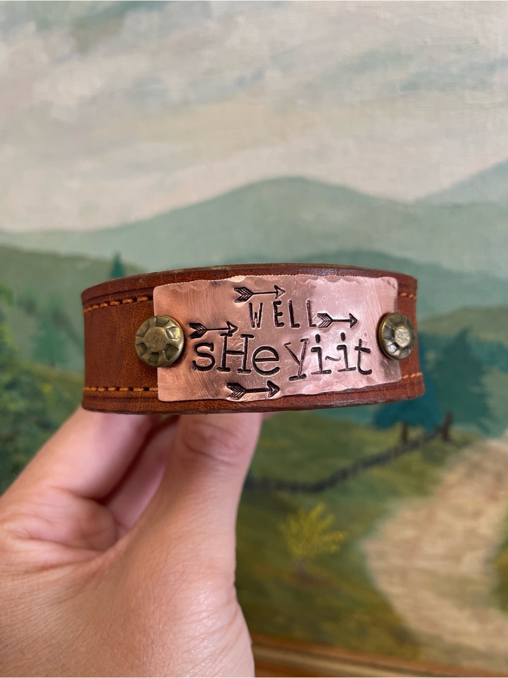 Handmade Brown Leather Cuff Bracelet with Copper Plate - "Well shyiiit"